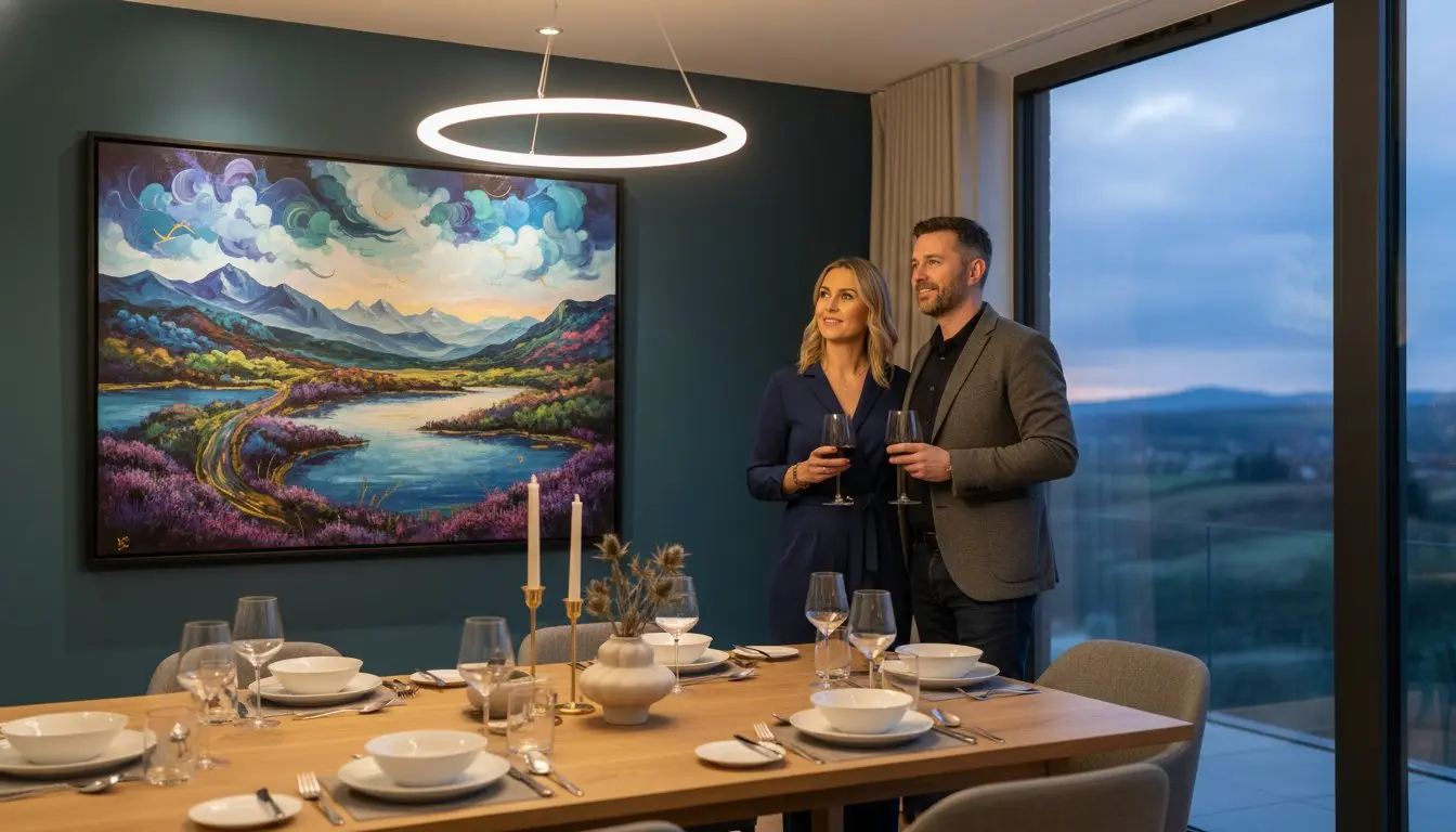 A couple stands in a modern dining room holding wine glasses, gazing out a large window with a scenic view. The table is laid for a meal, and a statement art piece for the dining room hangs on the teal wall behind them.