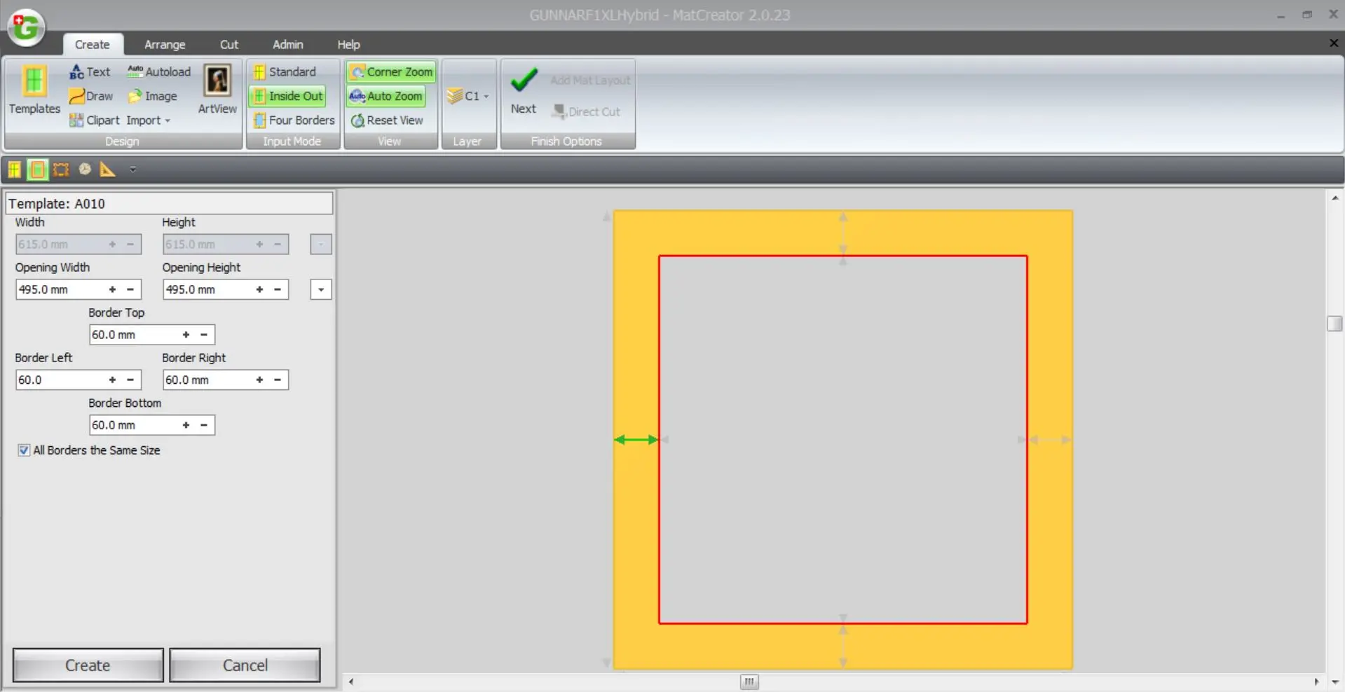 Screenshot of a software interface with a square template preview in the centre, orange border, and red outline—ideal for designing Handmade Bespoke Picture Frames. Toolbar and template settings on the left include dimensions and border options.