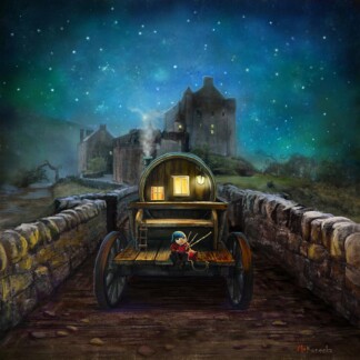 A child in red sits on a wooden cart beside the barrel-shaped house, bathed in warm light, under a starry sky with the majestic Eilean Donan Castle (The Eilean Donan Piper, Loch Duich) rising in the distance.
