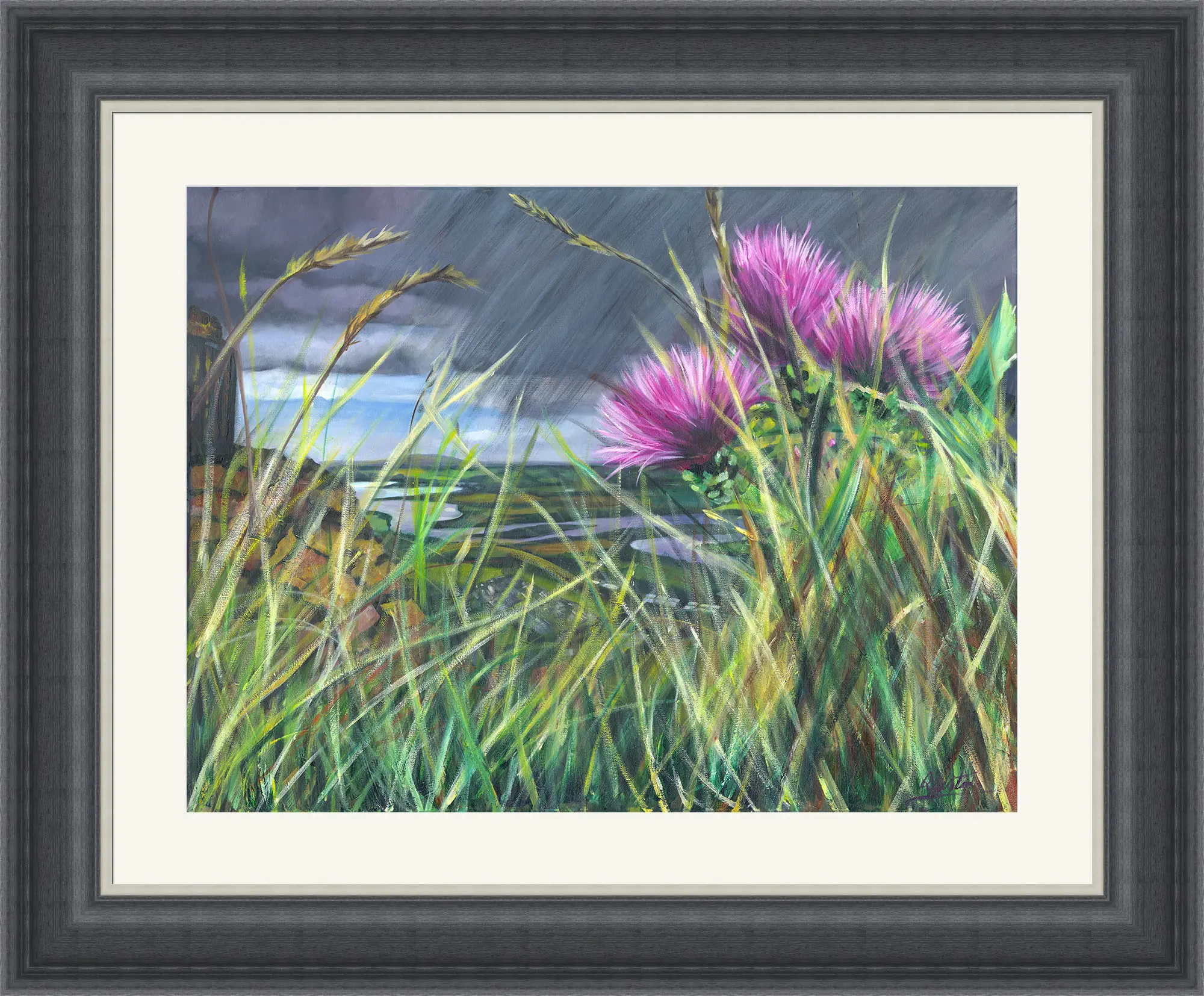 Painting of tall green grass and purple thistle flowers in the foreground, with a stormy, cloudy sky and open landscape in the background. The scene is framed with a thick, dark, decorative border.
