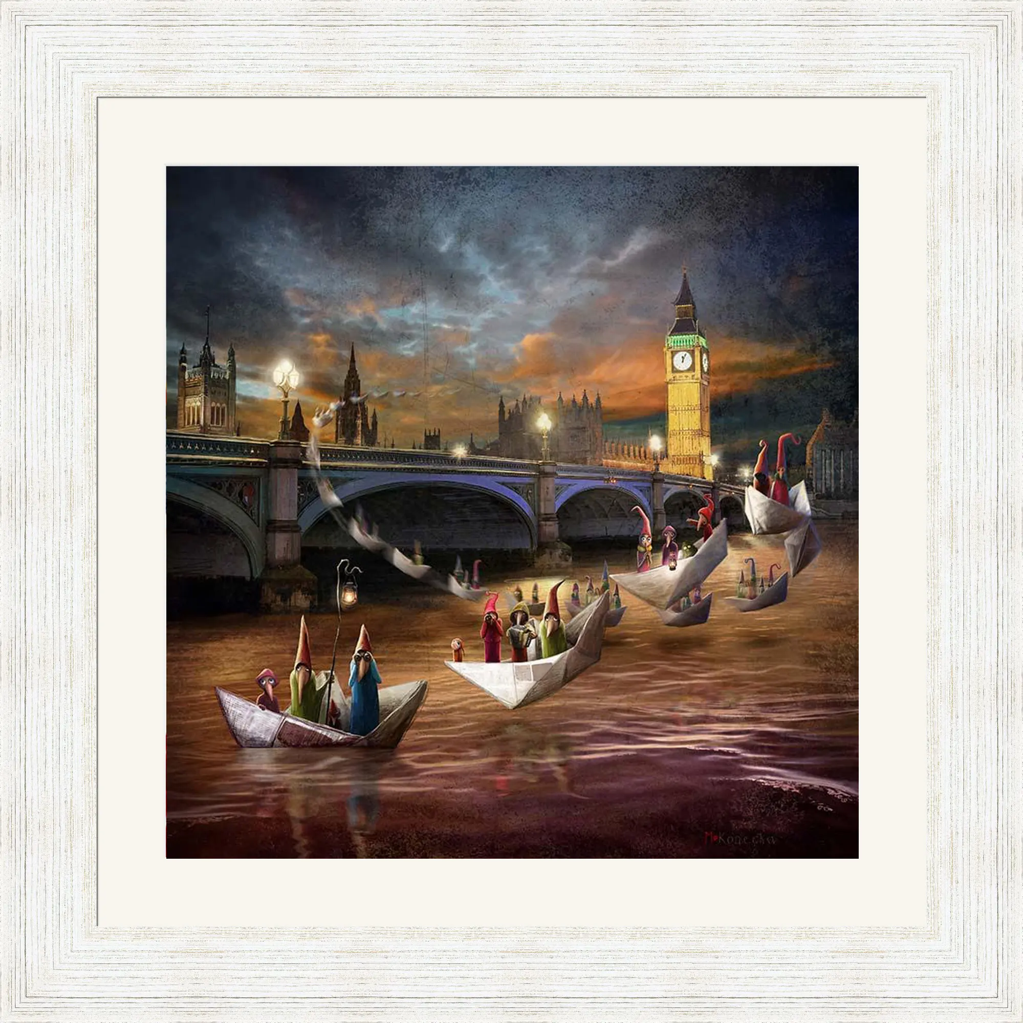 People in paper boats float on the River Thames near Big Ben and Westminster Bridge at sunset, blending fantasy elements with a London cityscape.