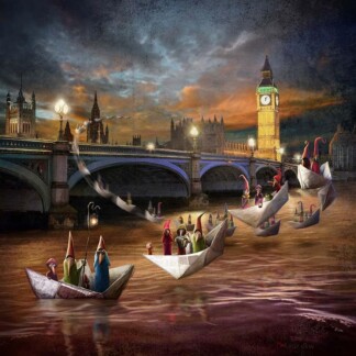 Experience Midnight Tour, London: People in paper boats float above the Thames near Big Ben and Westminster Bridge at sunset, creating a magical, fantasy-like scene.