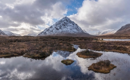 Winter landscape of River Etive with snowcapped Stob Dearg, Buachaille Etive Mor mountain