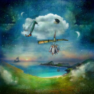 A surreal scene from "Sleeping Island (St Kilda)" features a hanging cloud above a coastal landscape with a telescope, dangling penguins, striped legs, starry night sky, crescent moons, and a ship on the sea in the background.