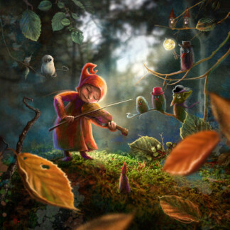 In "The Concert," a small elf in a red hood plays violin on a mossy log while colorful birds and magical creatures watch, autumn leaves swirling and soft light filtering through the enchanted forest.