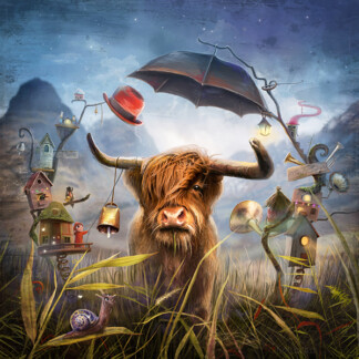 In "The Great Guardian," a shaggy highland cow stands in tall grass, surrounded by whimsical floating objects and fantasy elements like birdhouses, hats, umbrellas, musical instruments, and a snail, creating a dreamy surreal scene.
