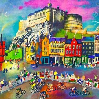 Tour de Pub: A colorful, whimsical painting of a cycling race with cheering crowds, vibrant buildings, and Edinburgh Castle on a rocky hill. Various flags line the festive route under a surreal sky.