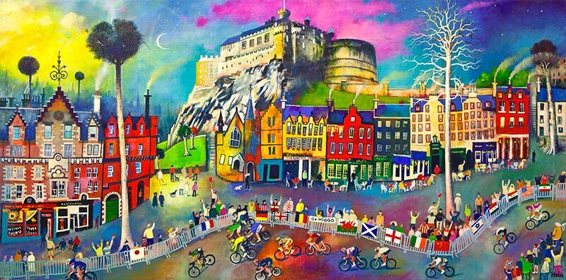Tour de Pub: A colorful, whimsical painting of a cycling race with cheering crowds, vibrant buildings, and Edinburgh Castle on a rocky hill. Various flags line the festive route under a surreal sky.